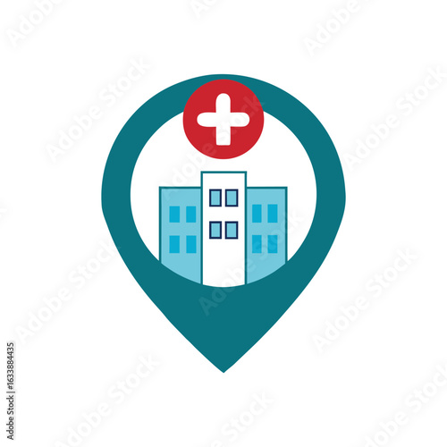 Vector art of hospital location pin icon for medical clinic and healthcare service navigation