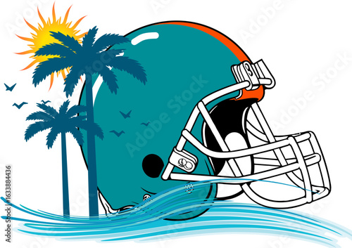 Aqua football helmet with orange stripe, set against a palm tree and sun backdrop. Ideal for sports enthusiasts and tropical-themed designs