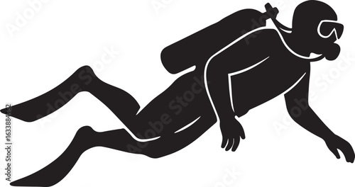 Silhouette of a Scuba Diver Exploring Underwater with Gear including Diving Mask and Oxygen Tank in Black and White