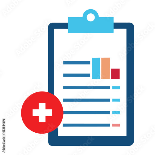 Vector art of medical clipboard with report for healthcare and insurance claims, featuring patient data and analysis