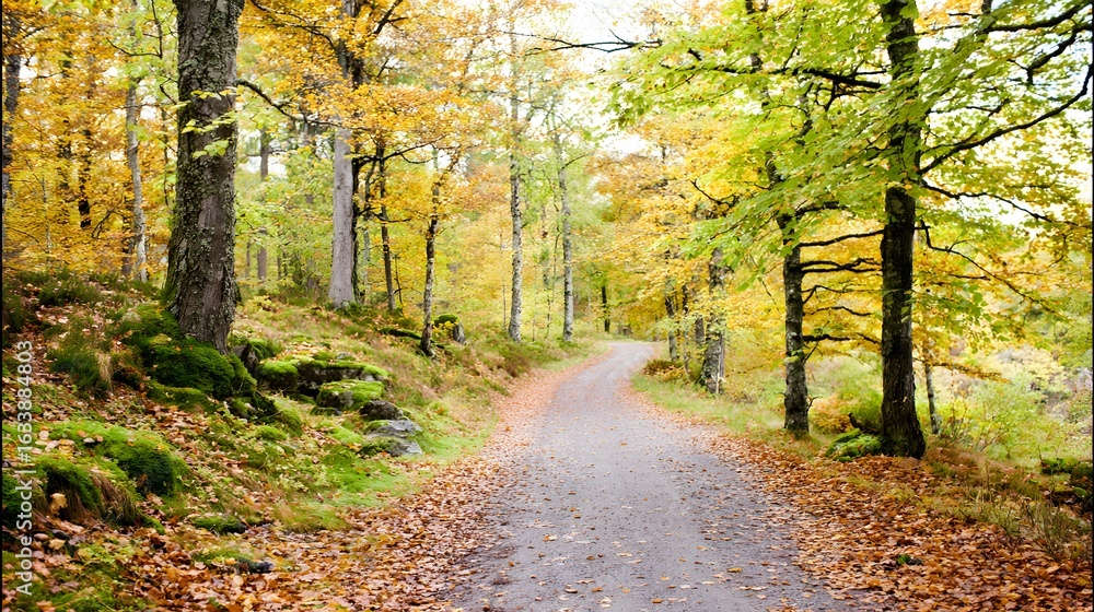 Fototapeta premium Golden autumn path through a serene Swedish forest with scattered leaves.
