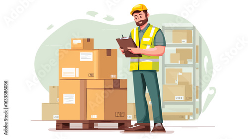 
Warehouse staff checking packing list on clipboard next to a pallet box, worker wearing safety vest and uniform verifying shipment for inventory or delivery process, flat vector illustration