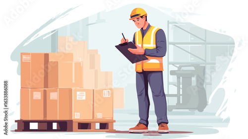 
Warehouse staff checking packing list on clipboard next to a pallet box, worker wearing safety vest and uniform verifying shipment for inventory or delivery process, flat vector illustration