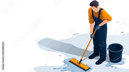 An isometric vector illustration of a male janitor or cleaning worker mopping the floor.