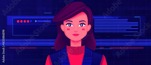 Vibrant of professional woman, symbolizing employee onboarding process human resources context. background features digital elements, emphasizing career development and technology
