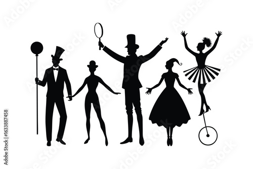Enigmatic Circus Performers Silhouettes Against White Backdrop Depicting a Nostalgic Era of Showmanship and Unique Talents