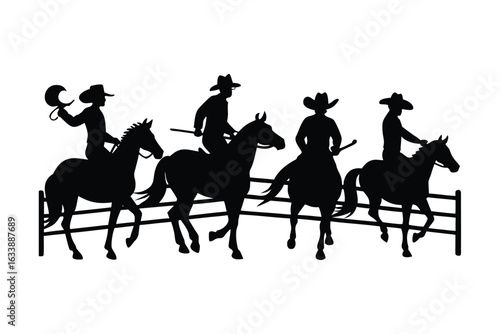 Silhouette of Cowboys Riding Horses Over a Fence Symbolic of the Wild West and Equestrian Life