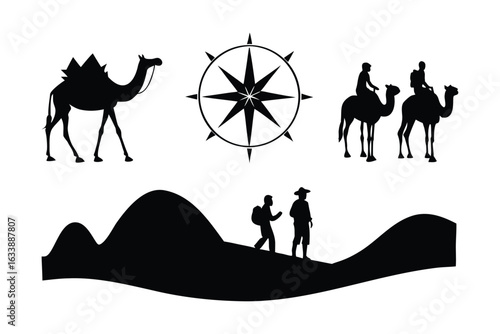 Silhouette Journey Through the Desert A Visual Exploration of Travel and Navigation featuring Camels and Desert Travelers