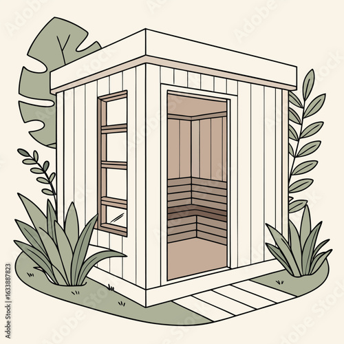 Illustration of a sauna with wooden benches visible through the open door surrounded by plants and leaves