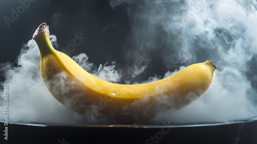 Vivid yellow frozen banana with water droplets on dark background. Frost on the fruit’s surface, crystallized texture, icy details.