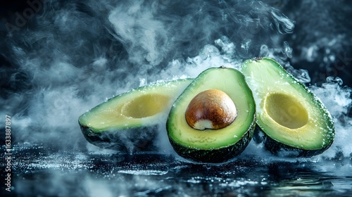 Close-up of frozen avocado on dark background. Frost on the fruit’s surface,  crystallized texture, icy details.
