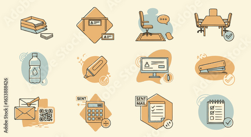 Icons set representing office supplies, equipment and workplace management, perfect for websites or presentations. 