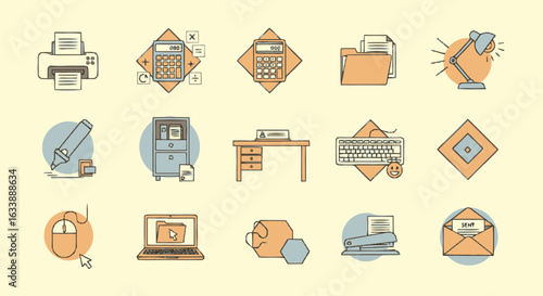 Essential Office Tools Collection Icons for Productivity and Workspace