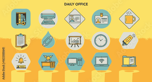 Daily office life and business routine icon set. Vector collection of modern workplace elements for corporate communication.