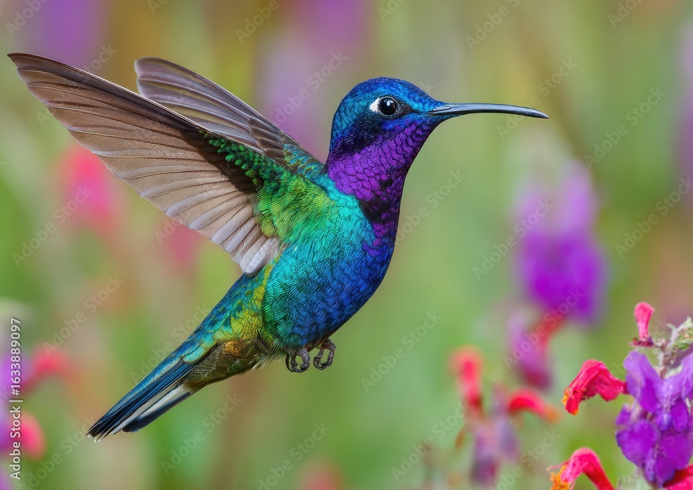 Fototapeta premium Vibrant hummingbird in flight, surrounded by colorful flowers