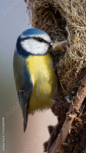 Blue Tit Building a Nest Soft Light Sharp Focus