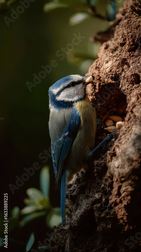 Blue Tit Building a Nest Soft Light Sharp Focus