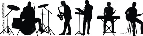 Silhouettes of musicians performing, band setup illustration, guitar, drums, saxophone, keyboard, and sheet music concept for concert, jazz, rock, and live music themes