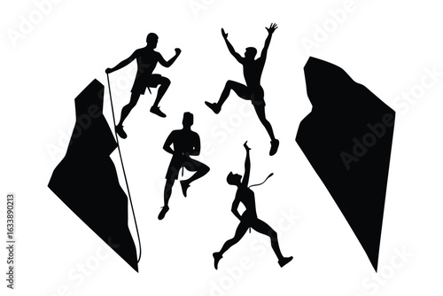 Silhouette of climbers scaling rocky mountains in a dynamic group composition