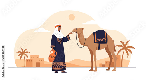 Friendly Nomadic Bedouin Man Offering Water To A Desert Camel In A Sunny Oasis