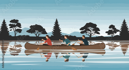 Friends Enjoying Canoeing Across the Tranquil Lake Surrounded by Wilderness