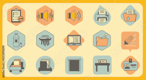 A conceptual set of retro-style vector icons representing business, office administration, and printing technology.