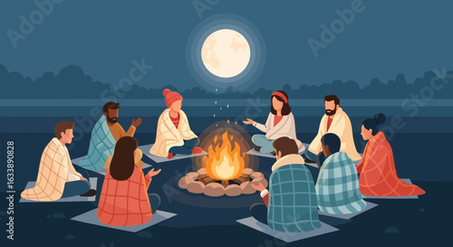Friends Gathered Around Campfire Under Moonlight Sharing Stories At Night