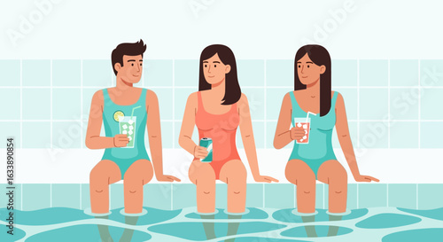 Friends Relaxing By The Pool With Refreshing Drinks On Summer Vacation