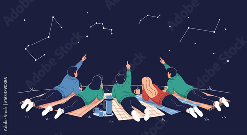 Friends Lying Down Outdoors Enjoying The View Of Constellations At Night