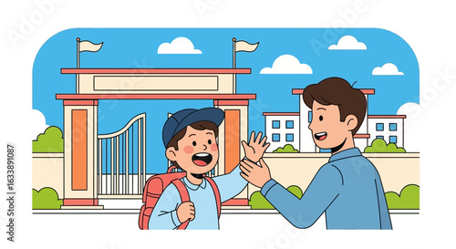 Happy Student Waving Goodbye To His Father Before Entering School