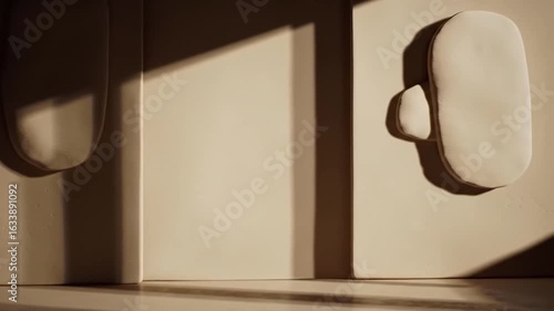 Still life of a vase with branches, wall art, and shadows creating an abstract scene in a room