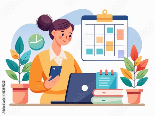 Woman working on laptop at home office. Freelance, remote work, self-isolation concept. Vector illustration in flat style