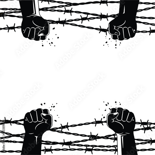 Fists raised through barbed wire protest resistance struggle freedom concept