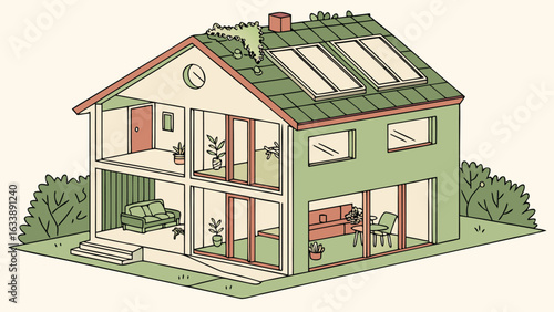 Illustration of a two story house with green roof and interior views of furniture and plants inside