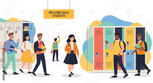 Happy Students Welcoming Back To School In Colorful Background At The Corridor
