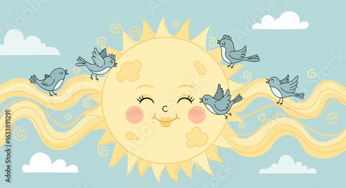 Happy Sun With Cute Birds And Gentle Wind Illustration For Kids