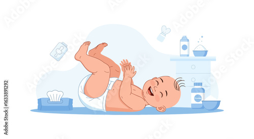 Happy Baby Lying After Bath With Skincare Products And Clean Wet Wipes