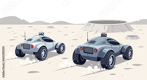 Futuristic Lunar Rovers Exploring Cratered Surface of a Barren Alien Planet