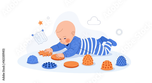 Happy Tummy Time Infant Exploring Sensory Toys In Early Development Stage