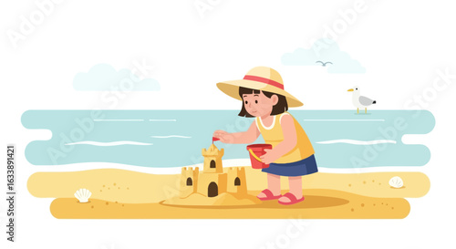 Happy Vacation Time: Little Girl Building a Sandcastle on the Beach