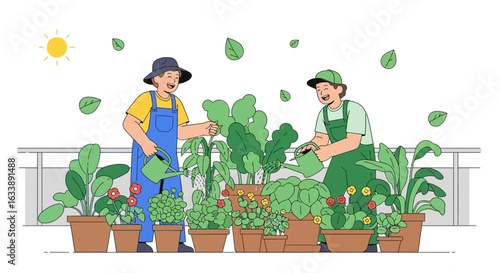 Happy Volunteers Watering Plants Together In a Garden on a Sunny Day