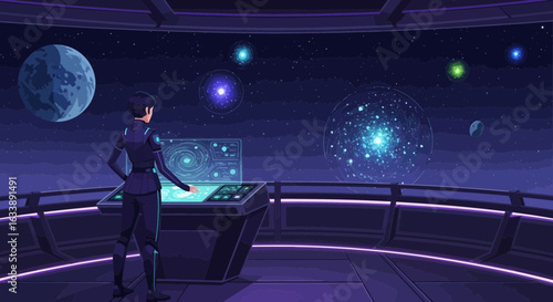 Futuristic Space Exploration Woman On Spaceship Looking At Distant Nebulae