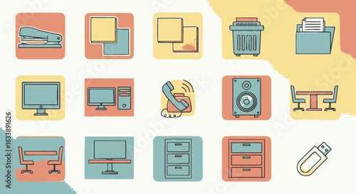 Set of office and business icons in a modern retro color palette. Includes computer, telephone, files, and furniture illustrations.
