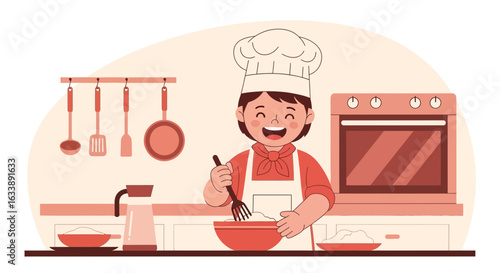 Happy Young Baker Preparing Dough In Kitchen Illustration In Flat Style