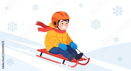 Happy Boy Enjoying Sledding Adventure Downhill During Winter Season With Snowflakes