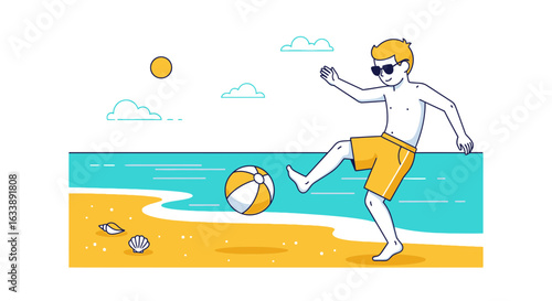 Happy Young Man Kicking Ball on Beach Summer Vacation Fun Illustration