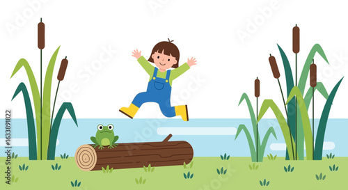 Happy Youngster Adventure Vector Illustration Of Child Playfully Jumping Over Log