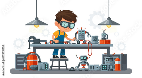 Happy Youngster Creating Robots at Workshop in Futuristic Cartoon Illustration