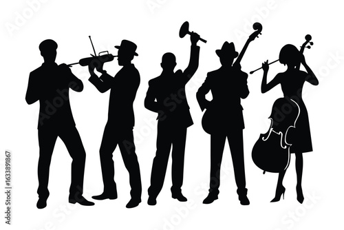 Silhouette of a jazz band playing various instruments