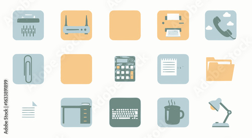 A collection of flat design office icons representing business tools, communication, and modern workspace essentials for productivity.